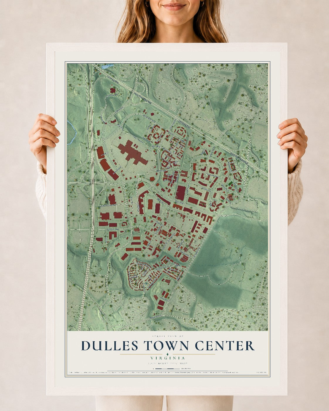 Map of Dulles Town Center, Virginia, 24 x 36 inch print in a white wood frame