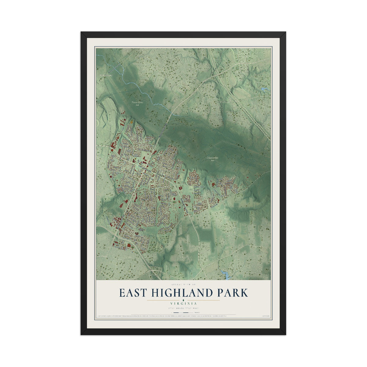 Map of East Highland Park, Virginia, 12 x 18 inch print in a black wood frame