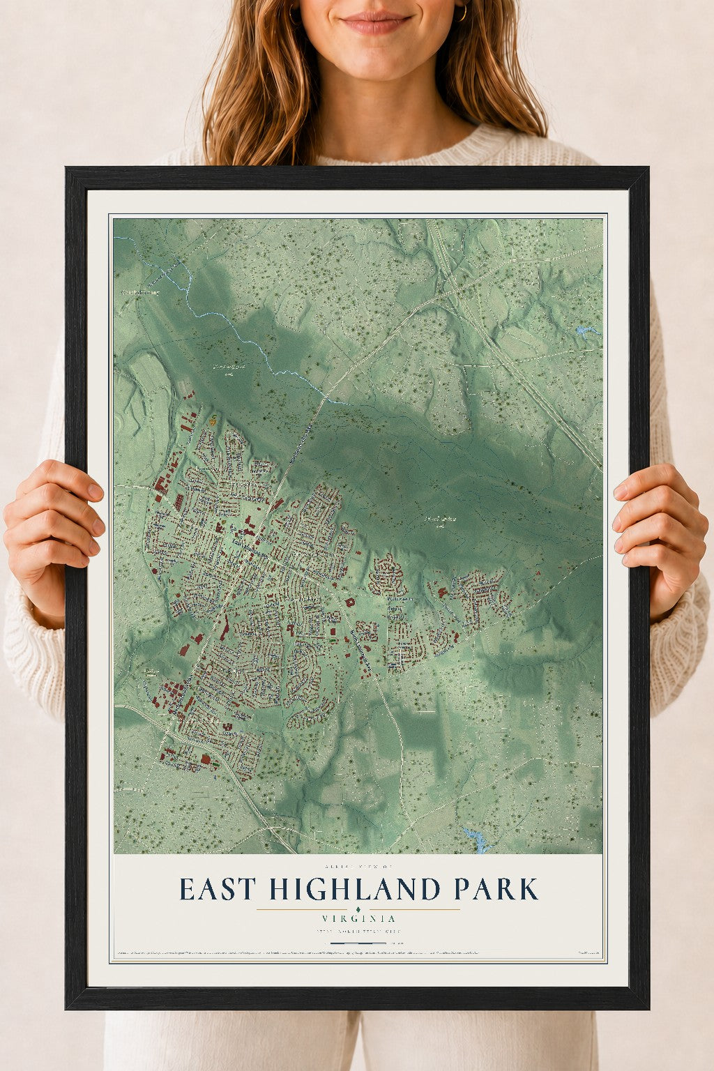 Map of East Highland Park, Virginia, 18 x 24 inch print in a black wood frame