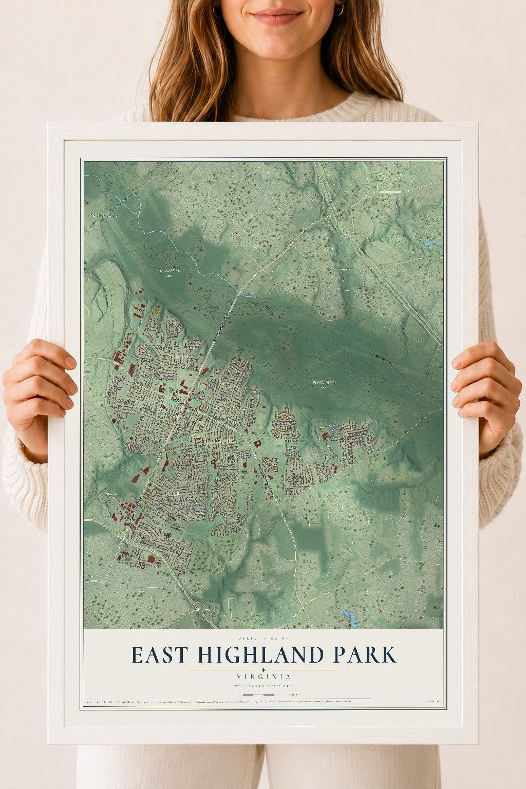 Map of East Highland Park, Virginia, 18 x 24 inch print in a white wood frame