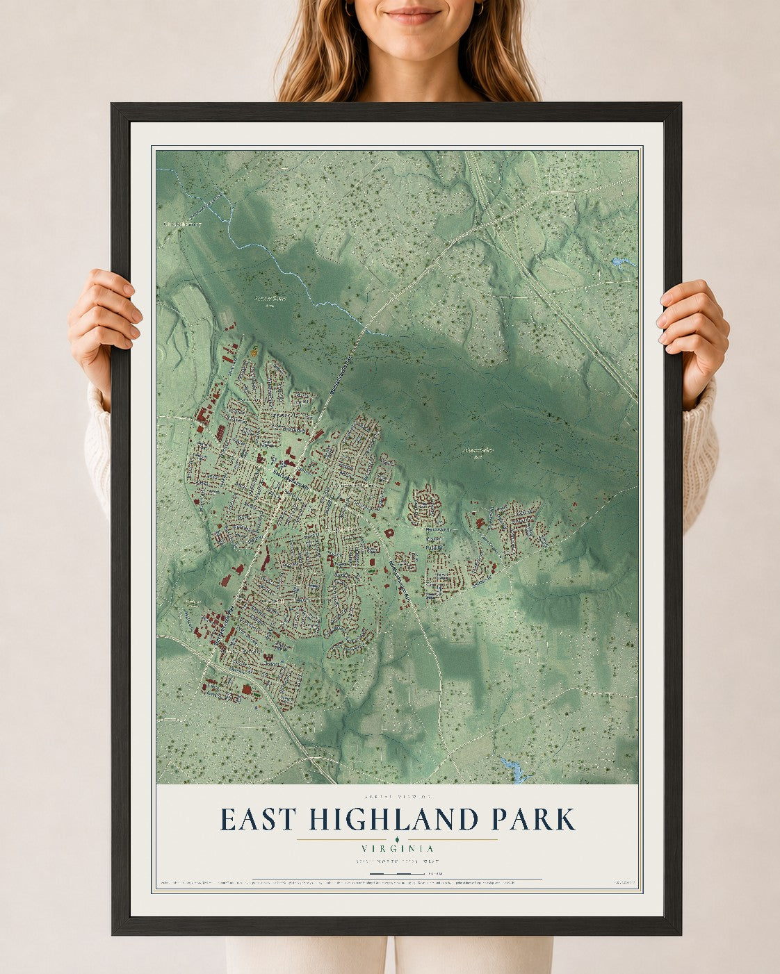 Map of East Highland Park, Virginia, 24 x 36 inch print in a black wood frame