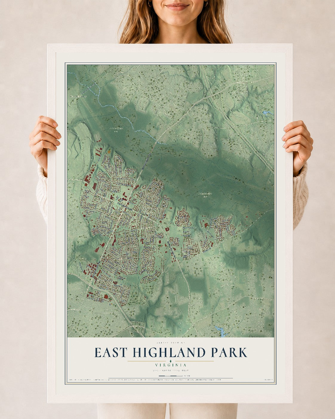 Map of East Highland Park, Virginia, 24 x 36 inch print in a white wood frame