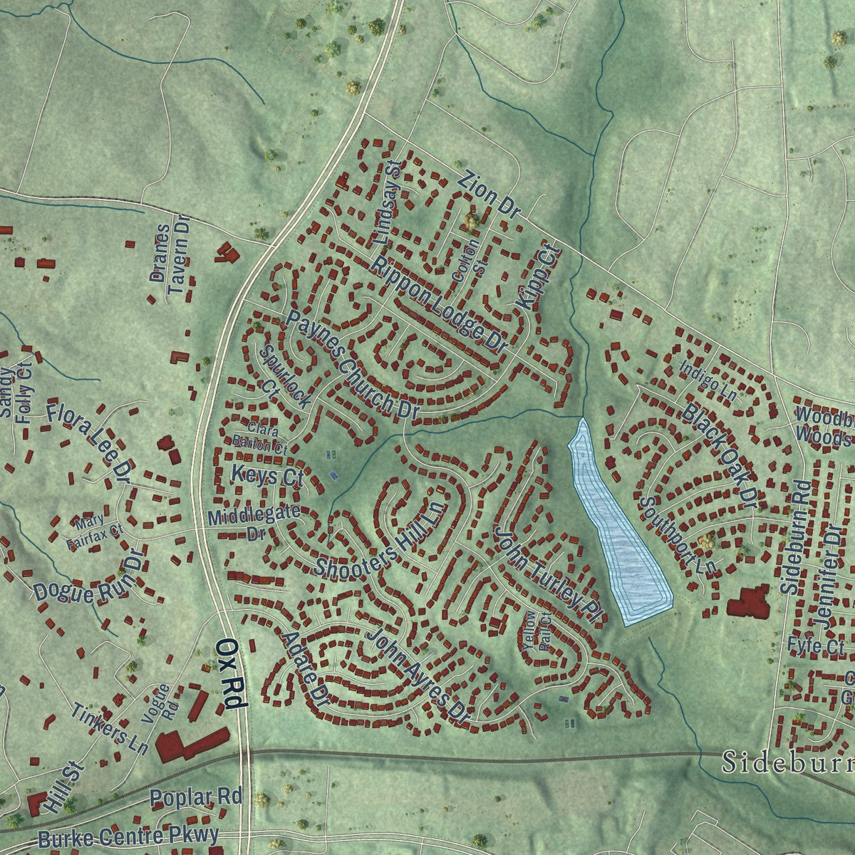 Close-up of the map of Fairfax Station, Virginia print showing street and building detail