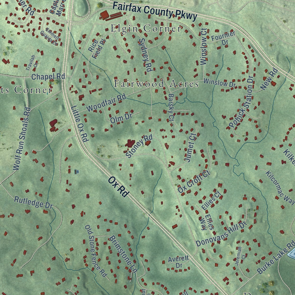Second close-up of the map of Fairfax Station, Virginia print showing more streets and buildings