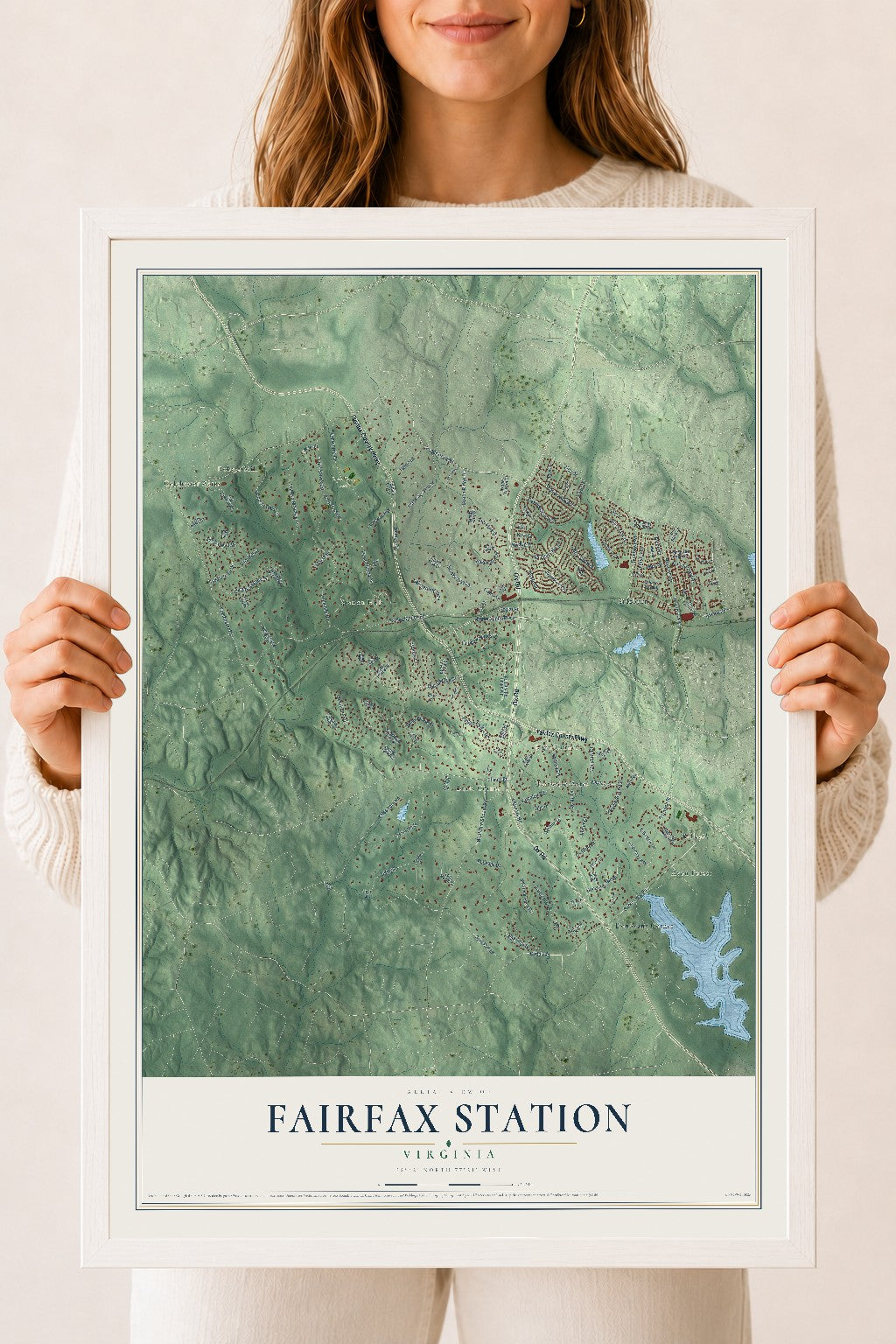 Map of Fairfax Station, Virginia, 18 x 24 inch print in a white wood frame