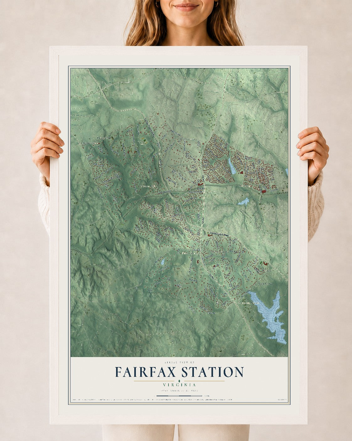 Map of Fairfax Station, Virginia, 24 x 36 inch print in a white wood frame
