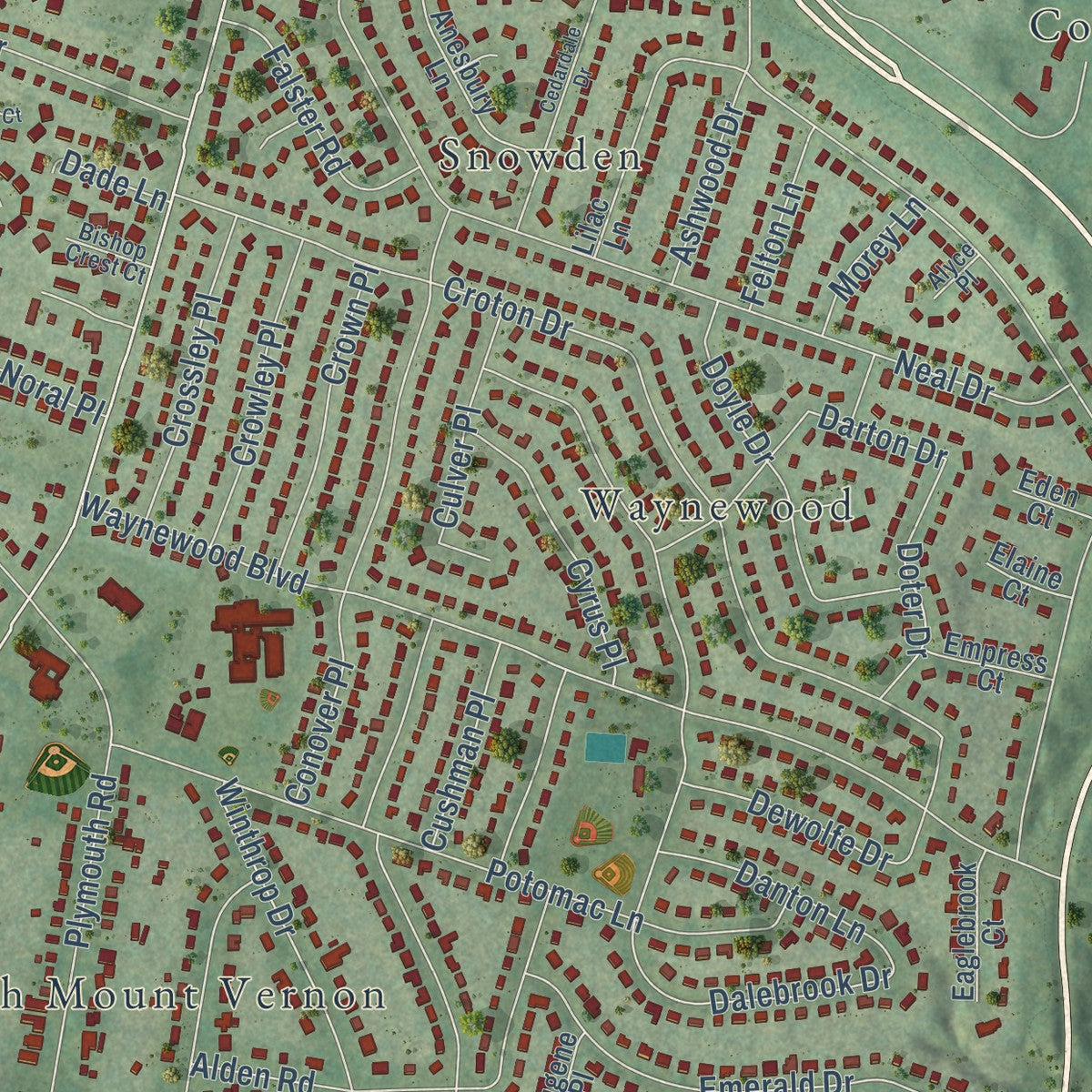 Close-up of the map of Fort Hunt, Virginia print showing street and building detail