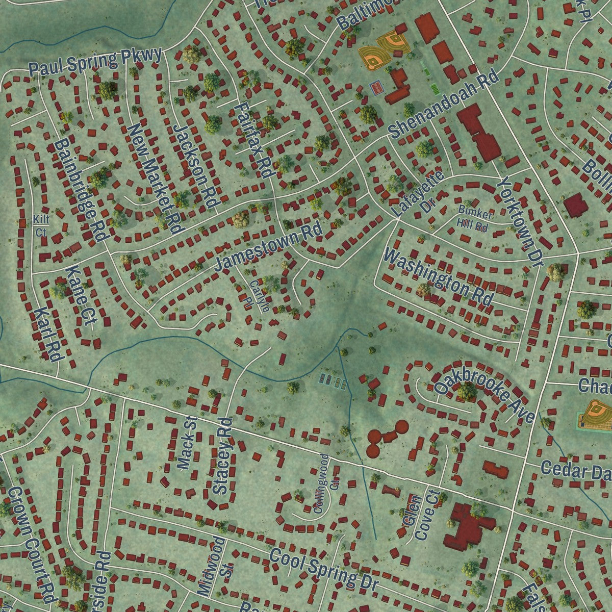 Second close-up of the map of Fort Hunt, Virginia print showing more streets and buildings