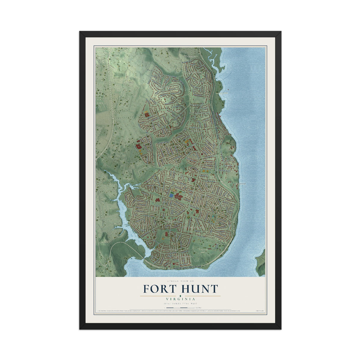 Map of Fort Hunt, Virginia, 12 x 18 inch print in a black wood frame