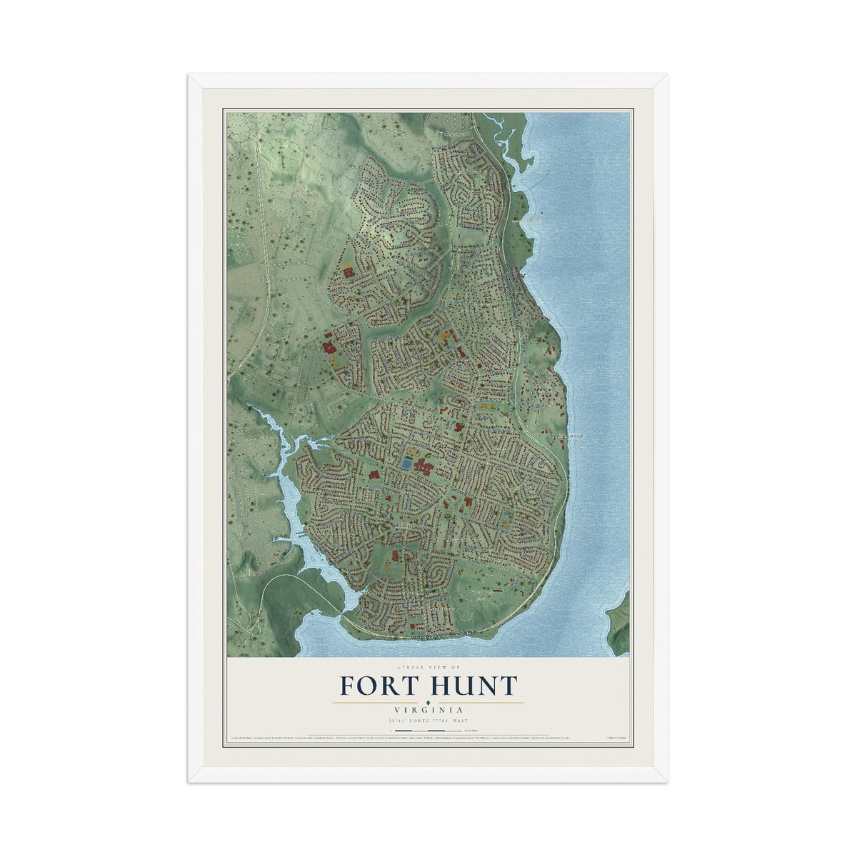 Map of Fort Hunt, Virginia, 12 x 18 inch print in a white wood frame