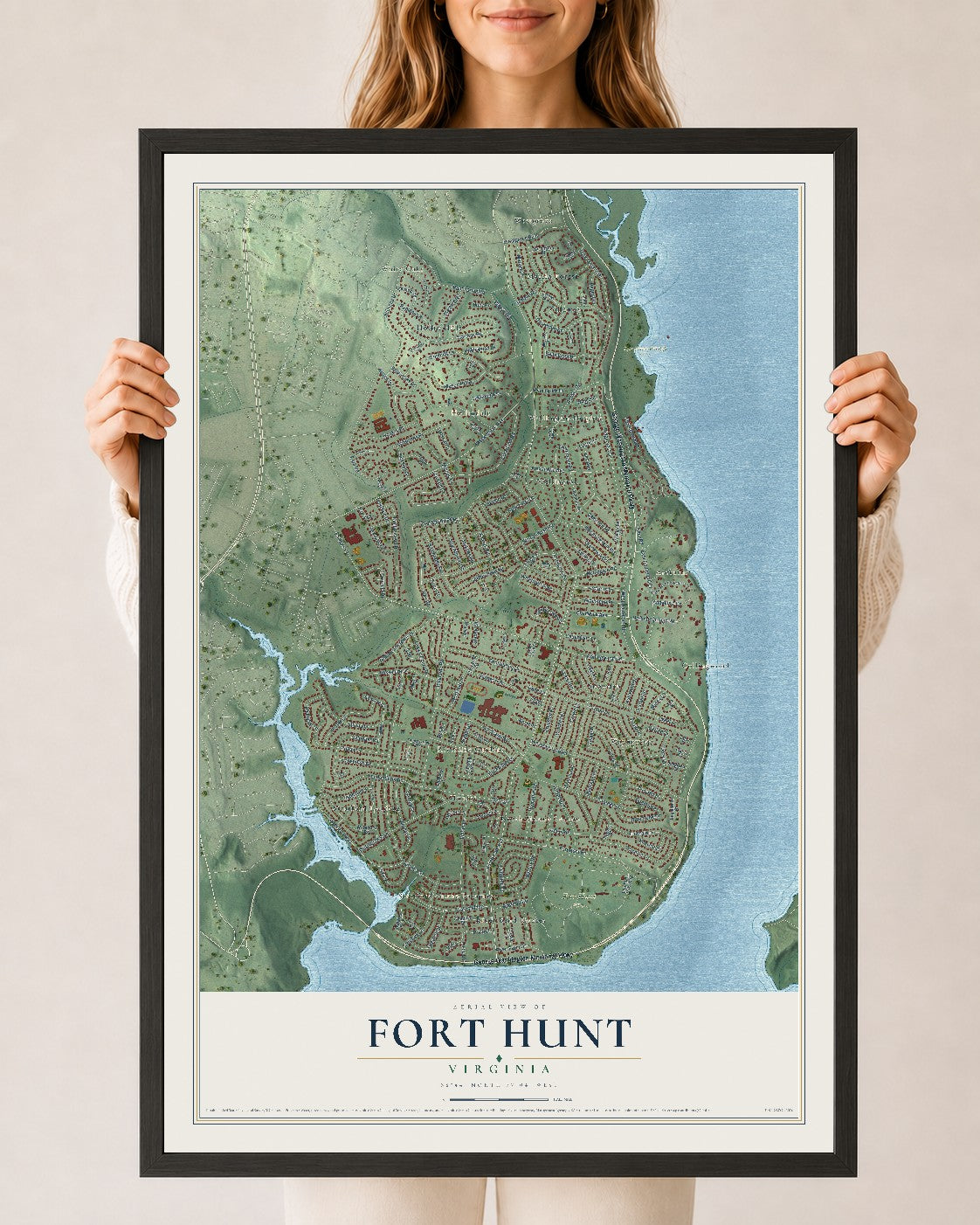 Map of Fort Hunt, Virginia, 24 x 36 inch print in a black wood frame