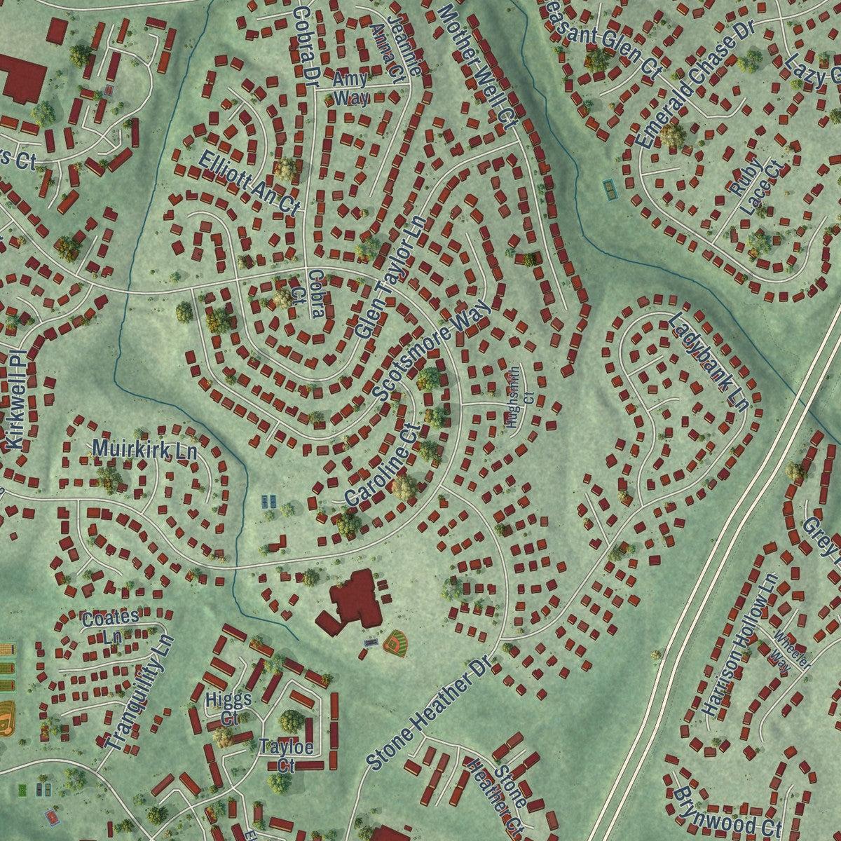 Close-up of the map of Franklin Farm, Virginia print showing street and building detail