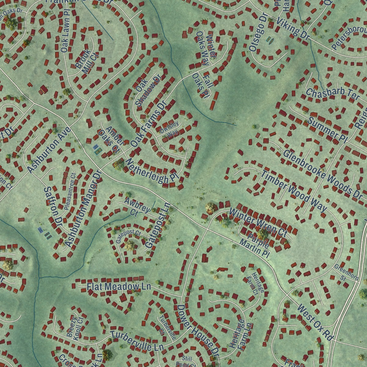 Second close-up of the map of Franklin Farm, Virginia print showing more streets and buildings