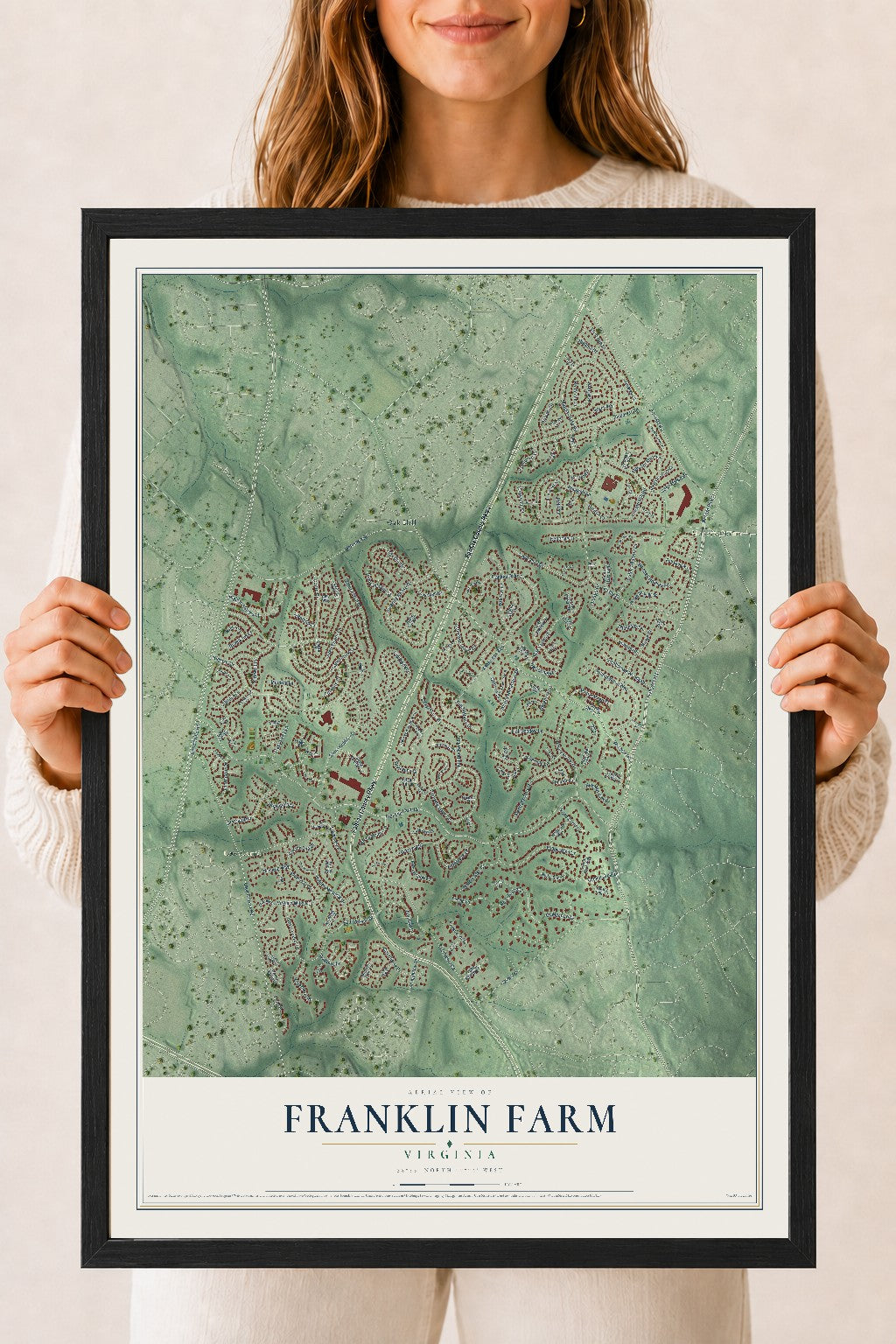 Map of Franklin Farm, Virginia, 18 x 24 inch print in a black wood frame