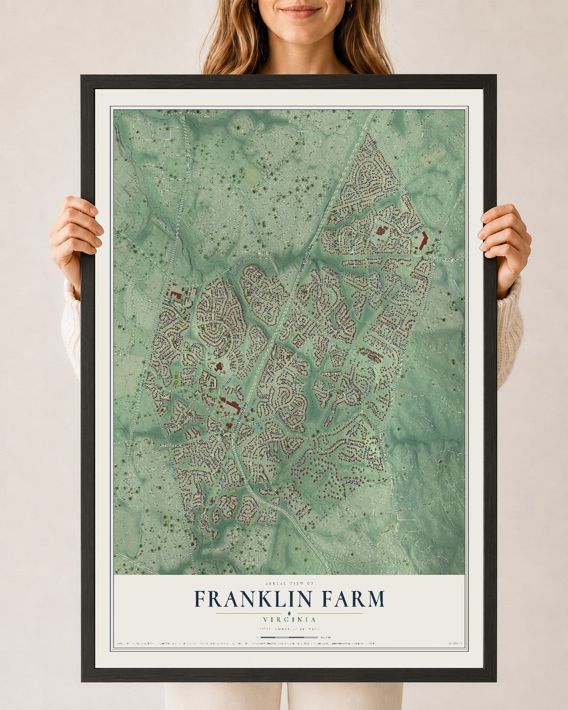 Map of Franklin Farm, Virginia, 24 x 36 inch print in a black wood frame