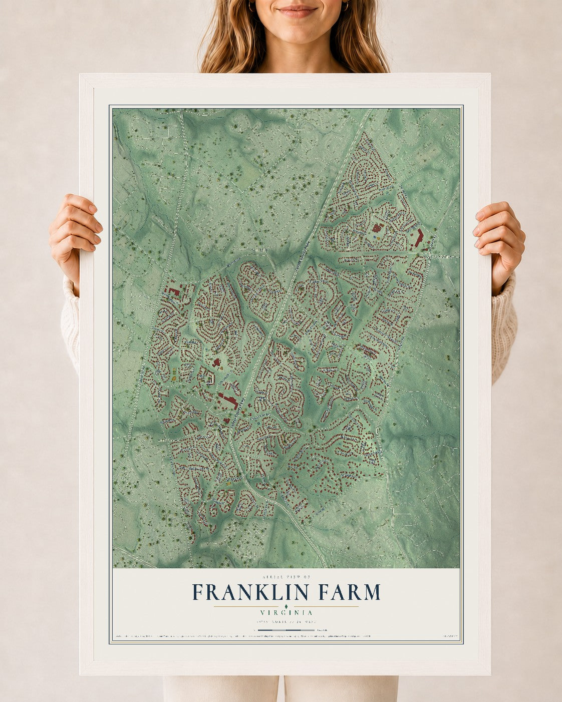 Map of Franklin Farm, Virginia, 24 x 36 inch print in a white wood frame