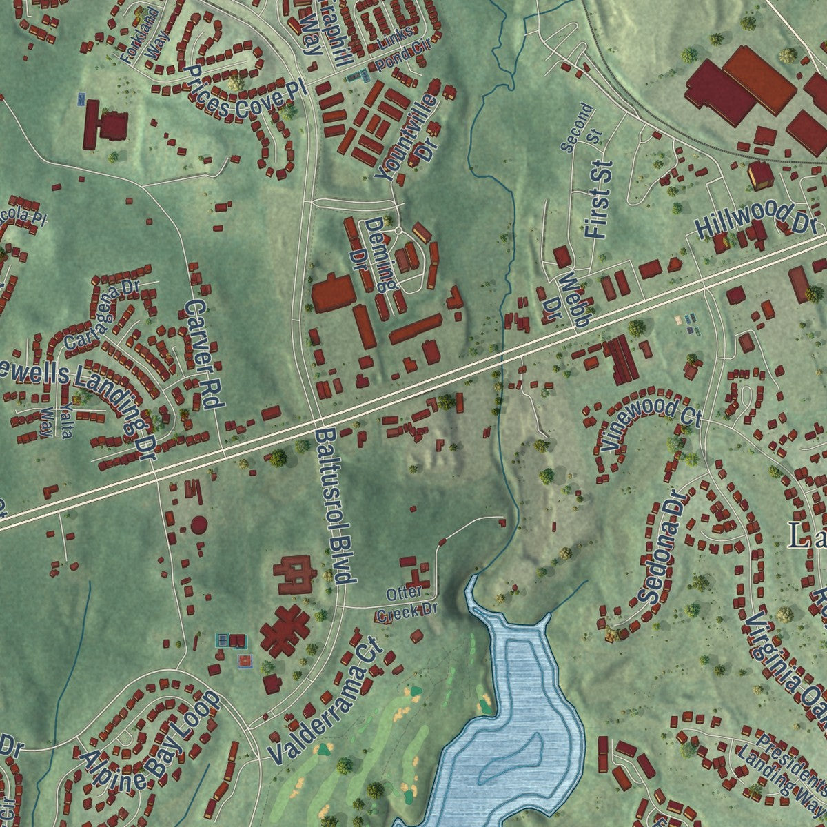 Close-up of the map of Gainesville, Virginia print showing street and building detail