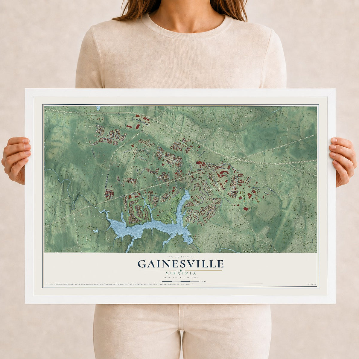Map of Gainesville, Virginia, 12 x 18 inch print in a white wood frame