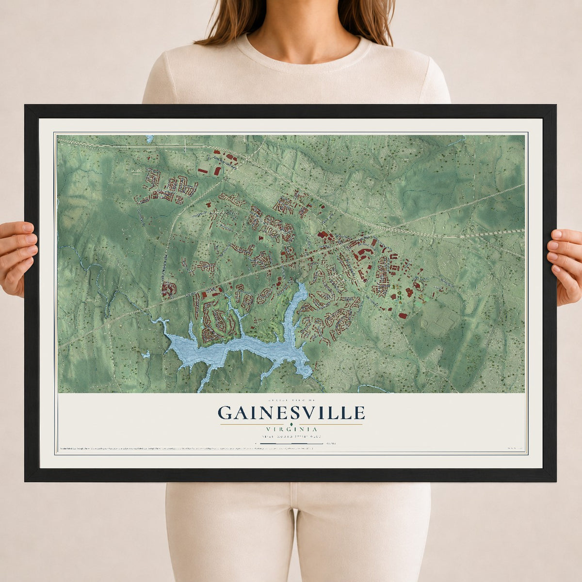 Map of Gainesville, Virginia, 18 x 24 inch print in a black wood frame