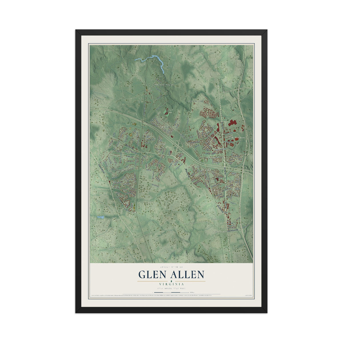Map of Glen Allen, Virginia, 12 x 18 inch print in a black wood frame