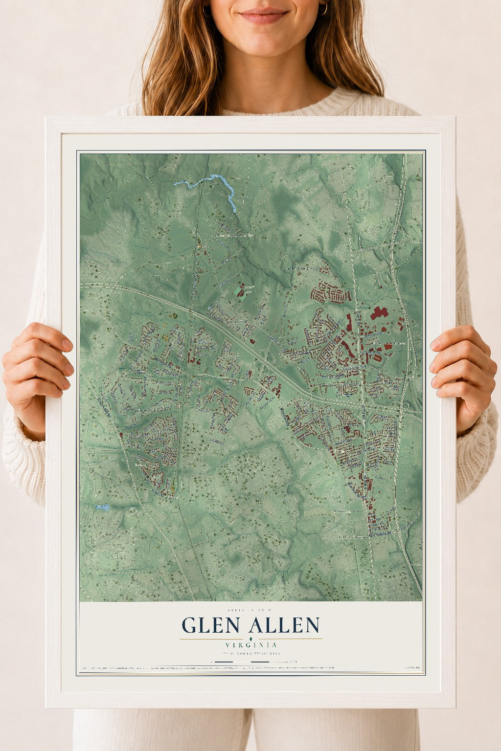Map of Glen Allen, Virginia, 18 x 24 inch print in a white wood frame
