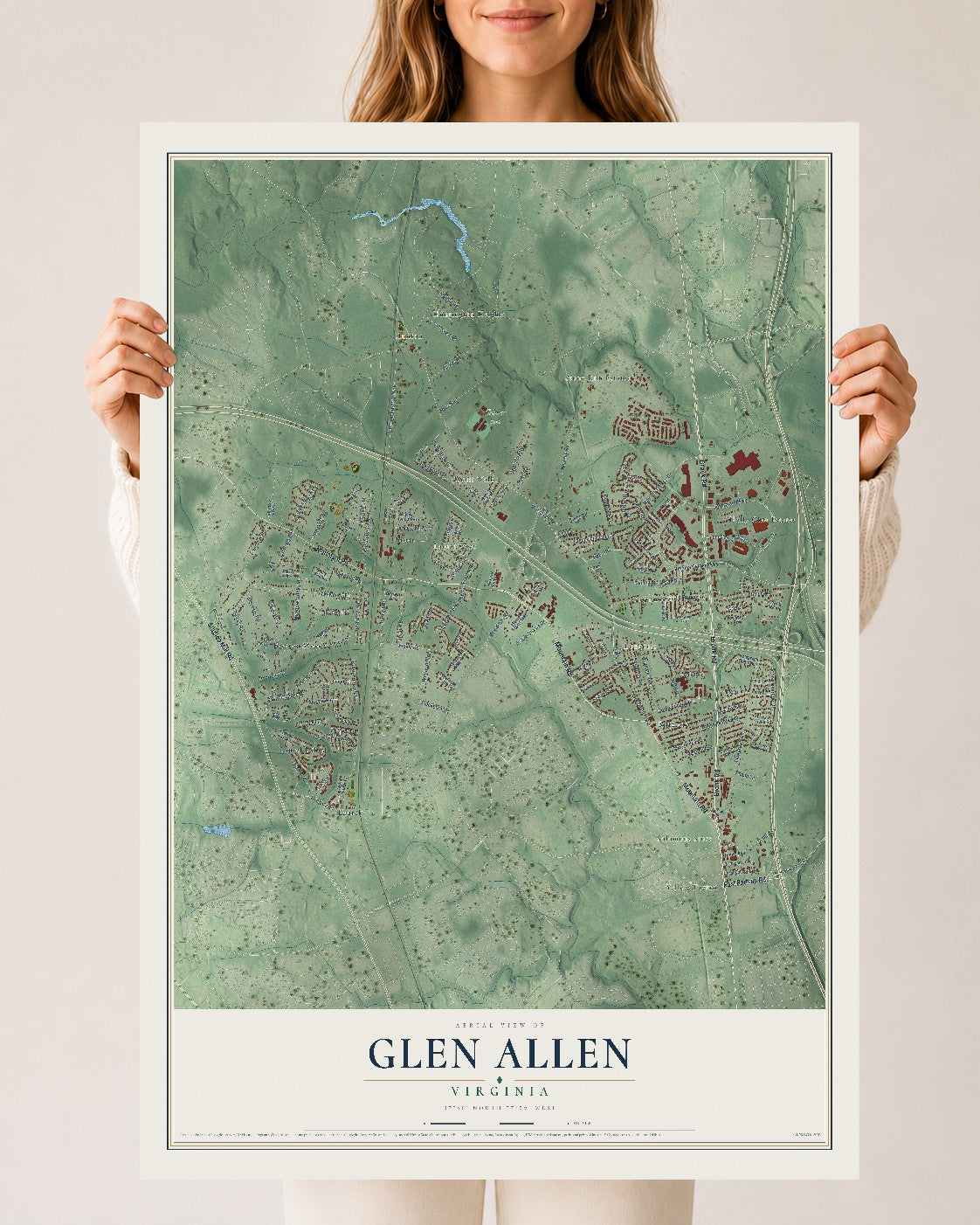 Map of Glen Allen, Virginia, 24 x 36 inch unframed archival matte print