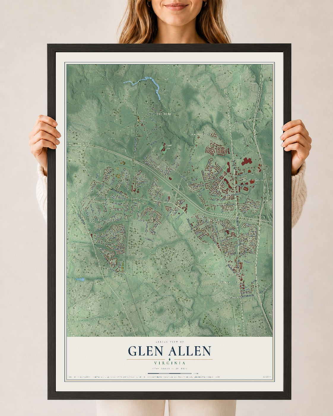 Map of Glen Allen, Virginia, 24 x 36 inch print in a black wood frame