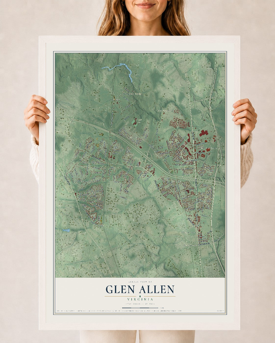 Map of Glen Allen, Virginia, 24 x 36 inch print in a white wood frame