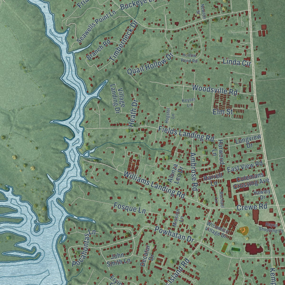 Second close-up of the map of Gloucester Point, Virginia print showing more streets and buildings