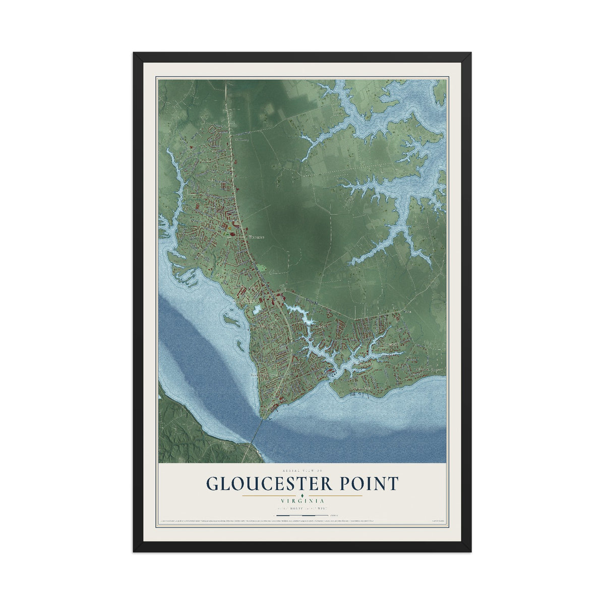 Map of Gloucester Point, Virginia, 12 x 18 inch print in a black wood frame