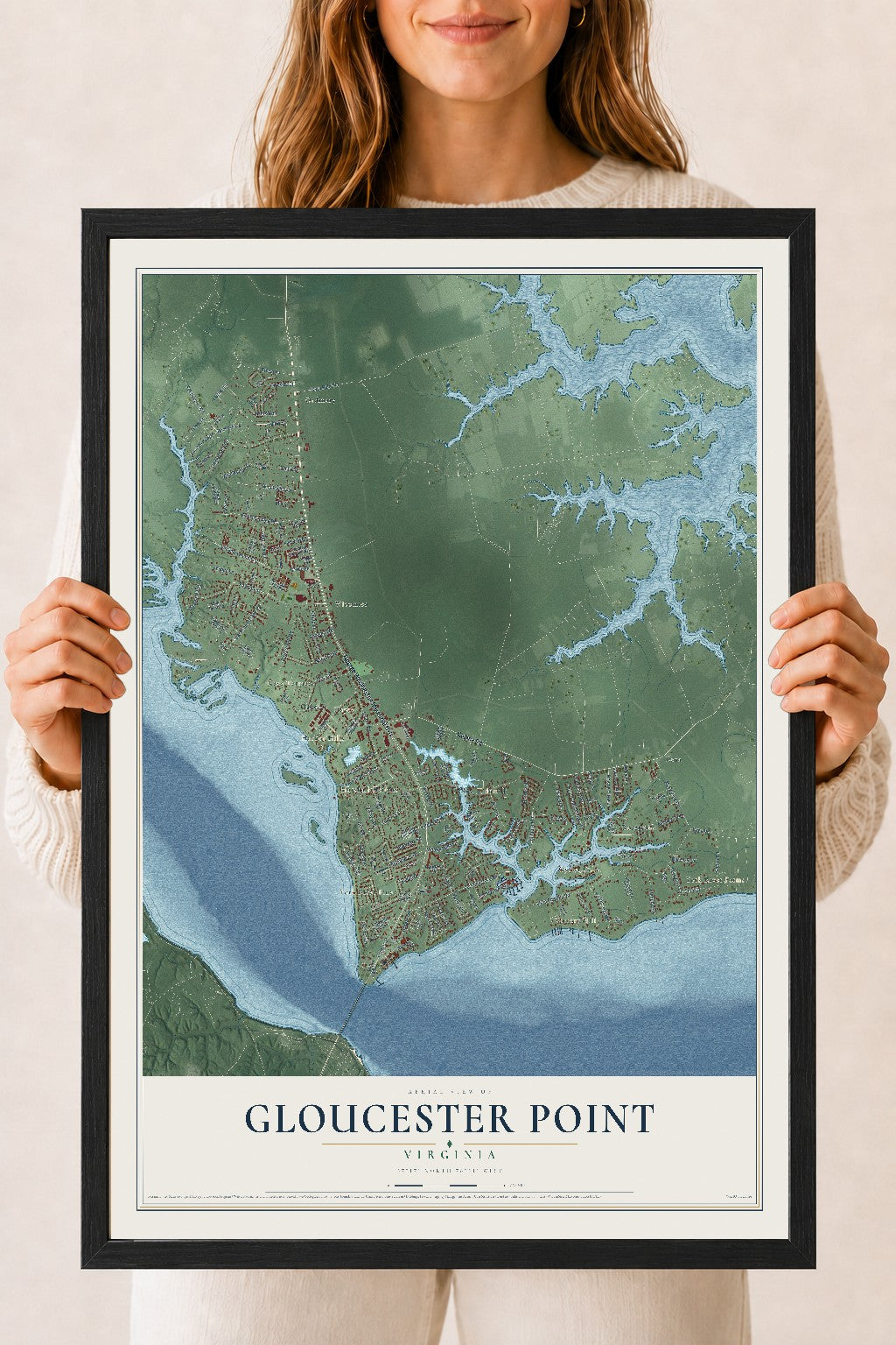 Map of Gloucester Point, Virginia, 18 x 24 inch print in a black wood frame