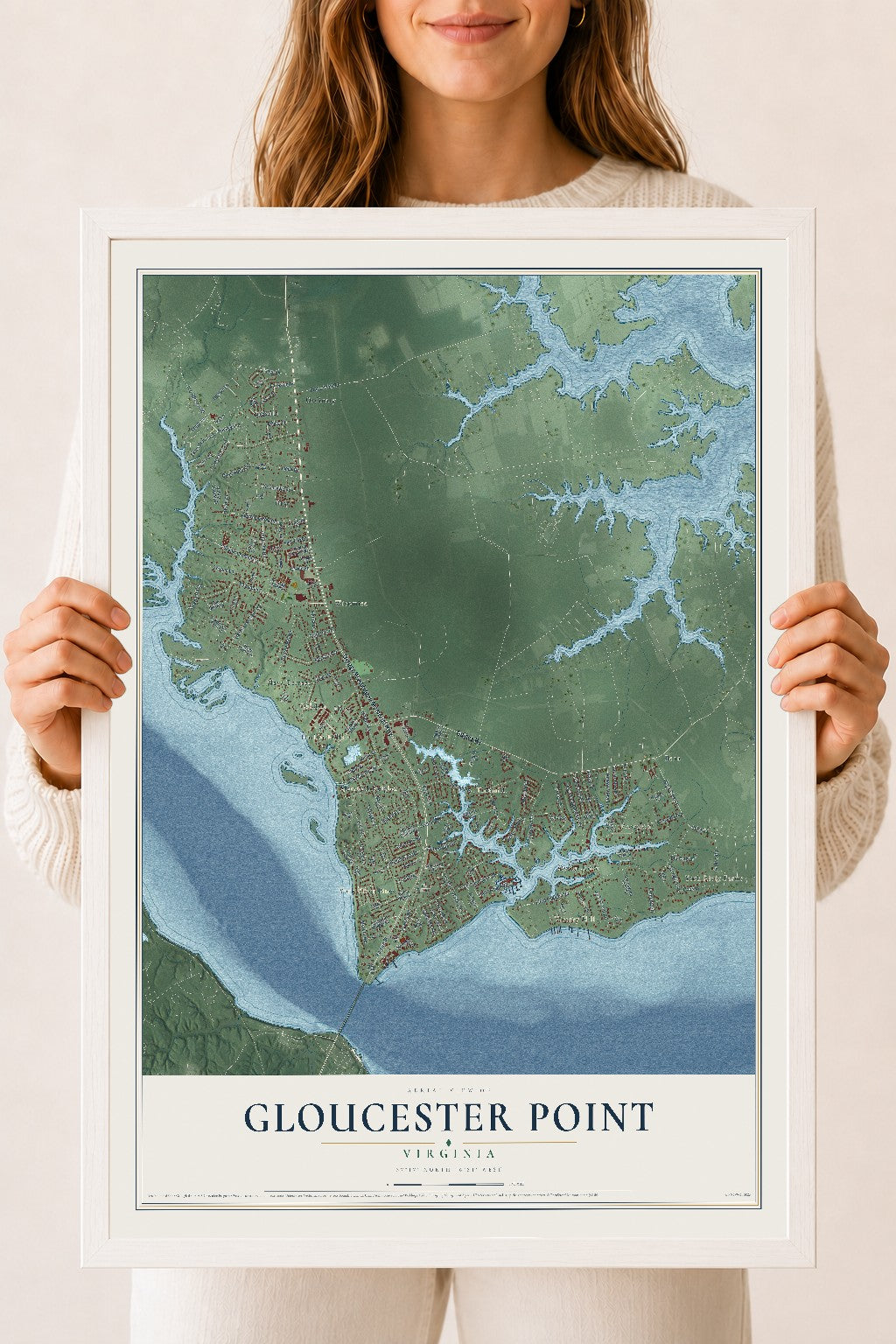 Map of Gloucester Point, Virginia, 18 x 24 inch print in a white wood frame