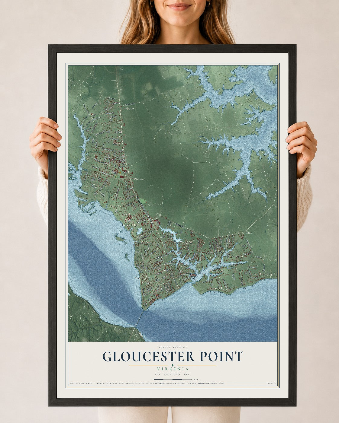 Map of Gloucester Point, Virginia, 24 x 36 inch print in a black wood frame