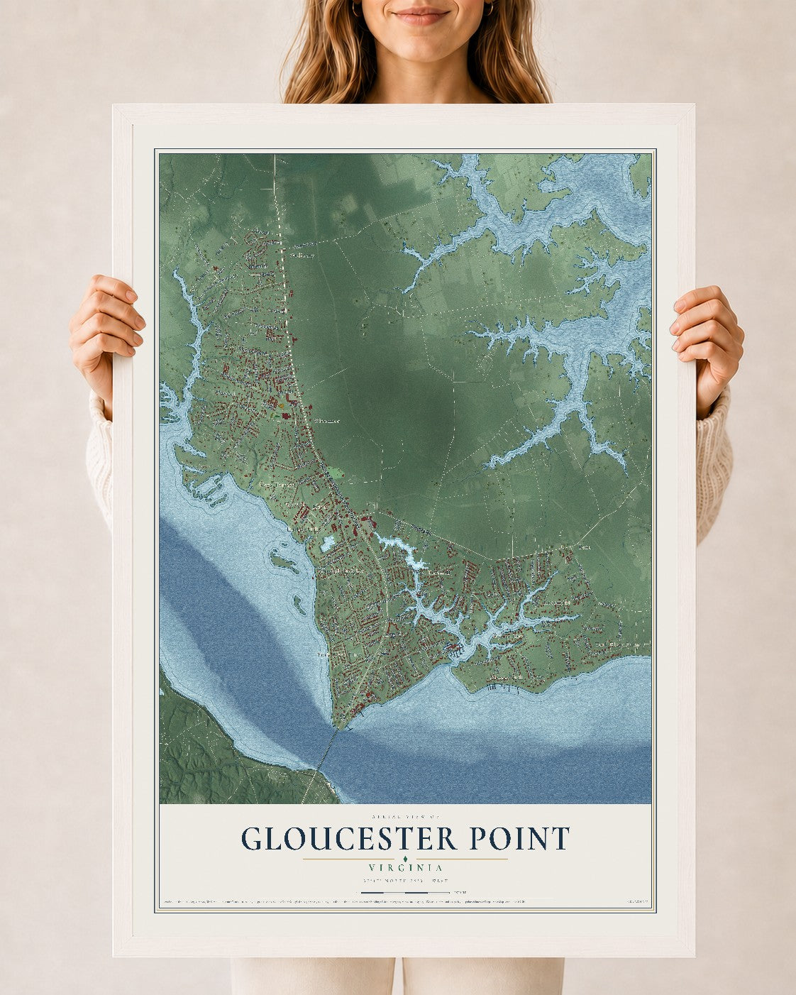 Map of Gloucester Point, Virginia, 24 x 36 inch print in a white wood frame