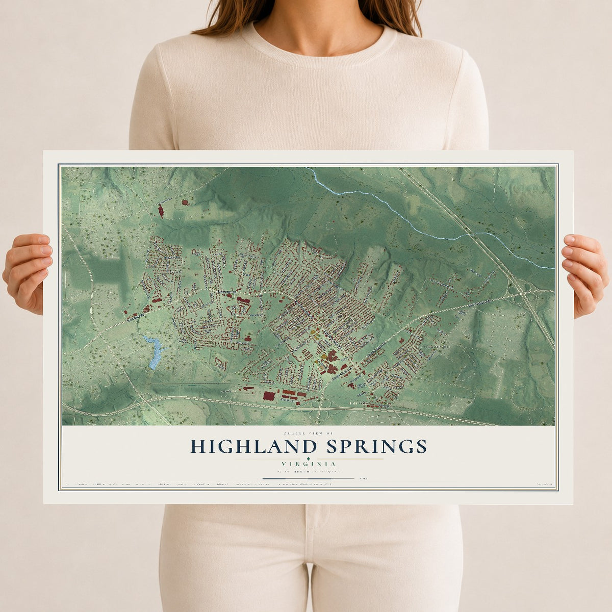 Map of Highland Springs, Virginia, 12 x 18 inch unframed archival matte print