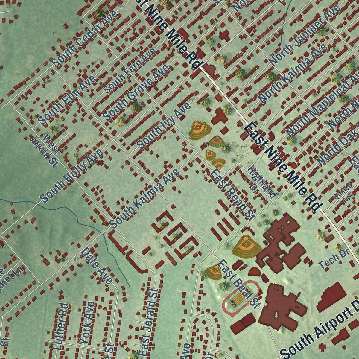 Close-up of the map of Highland Springs, Virginia print showing street and building detail
