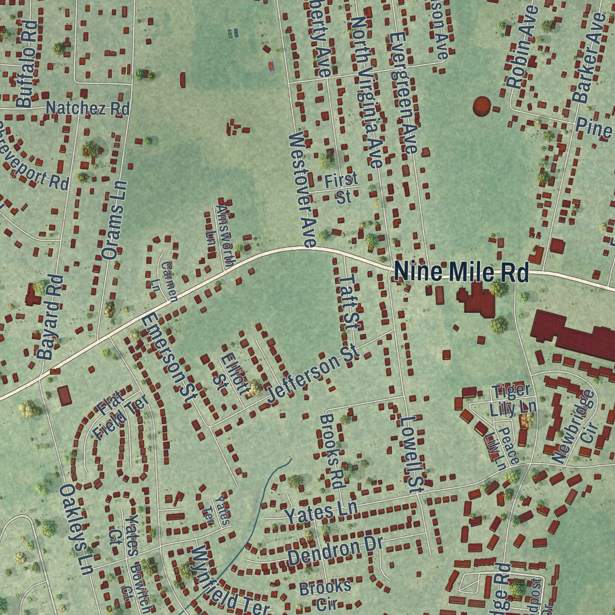 Second close-up of the map of Highland Springs, Virginia print showing more streets and buildings