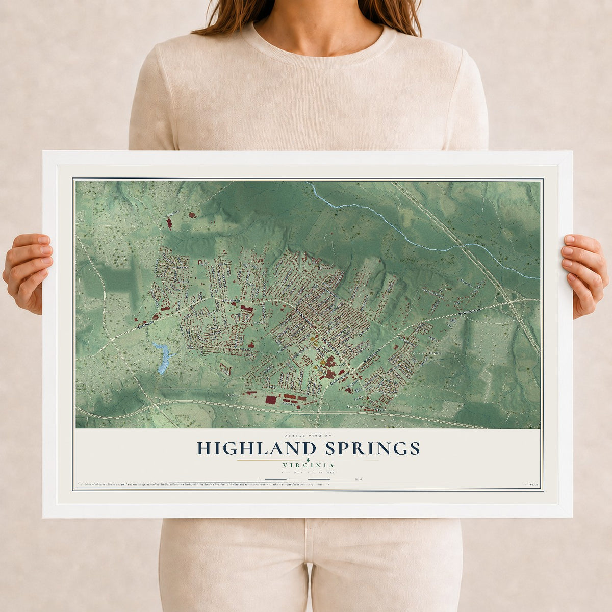 Map of Highland Springs, Virginia, 12 x 18 inch print in a white wood frame