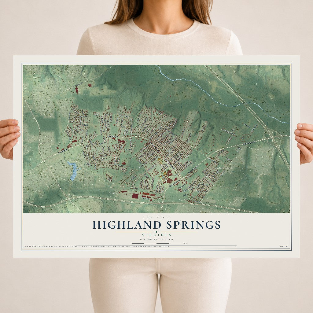 Map of Highland Springs, Virginia, 18 x 24 inch unframed archival matte print