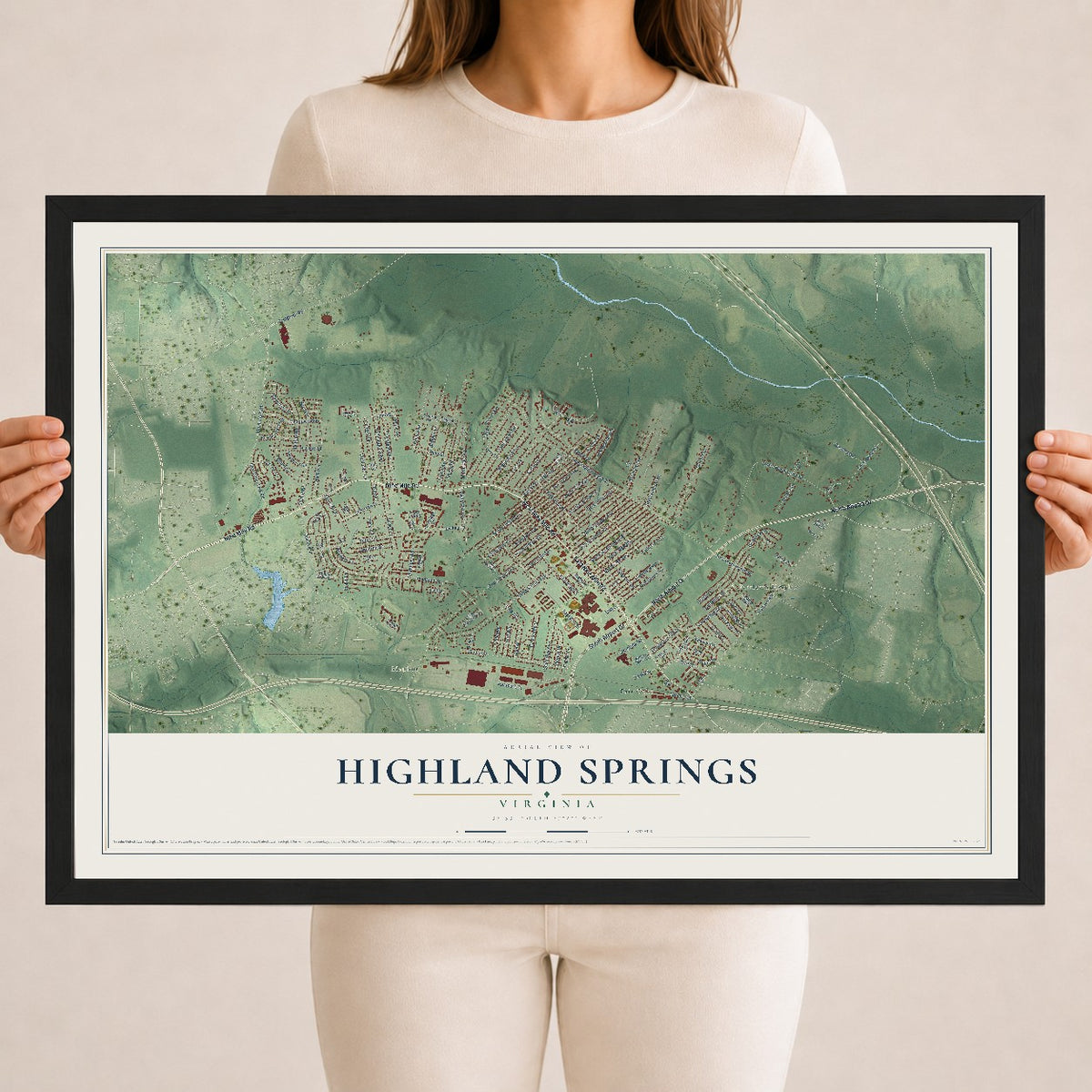 Map of Highland Springs, Virginia, 18 x 24 inch print in a black wood frame