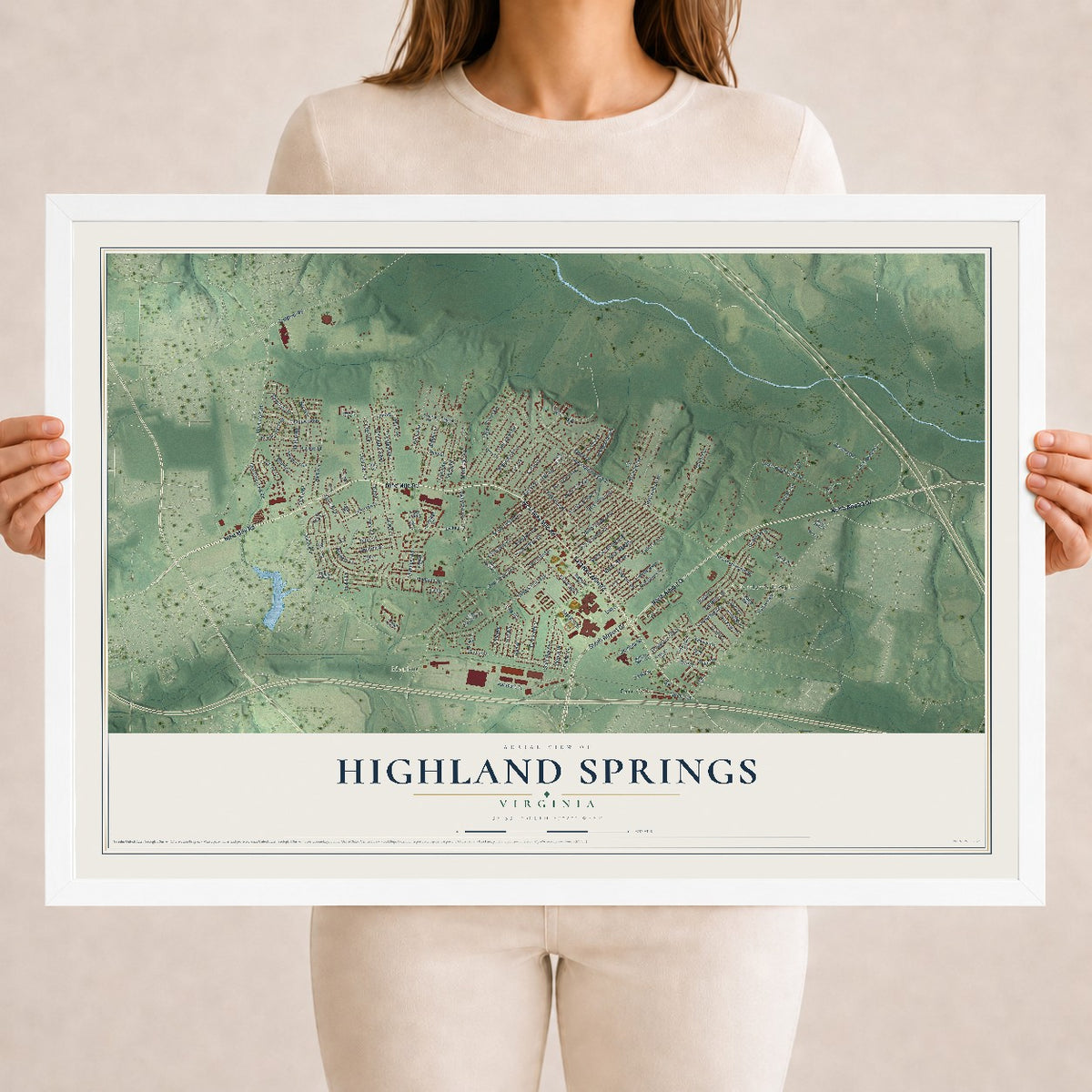 Map of Highland Springs, Virginia, 18 x 24 inch print in a white wood frame