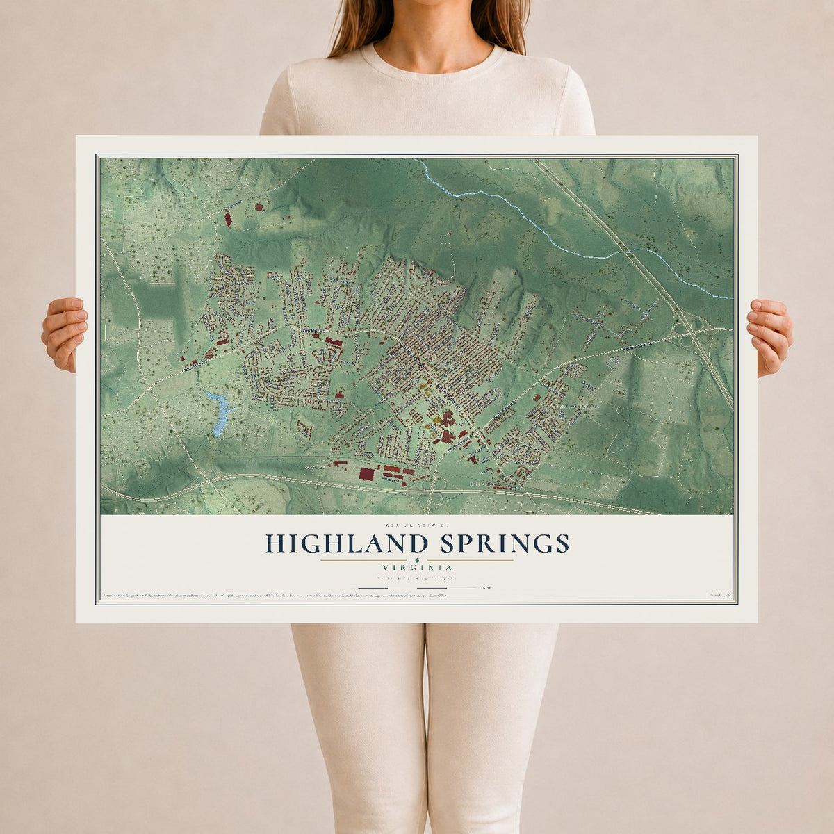Map of Highland Springs, Virginia, 24 x 36 inch unframed archival matte print