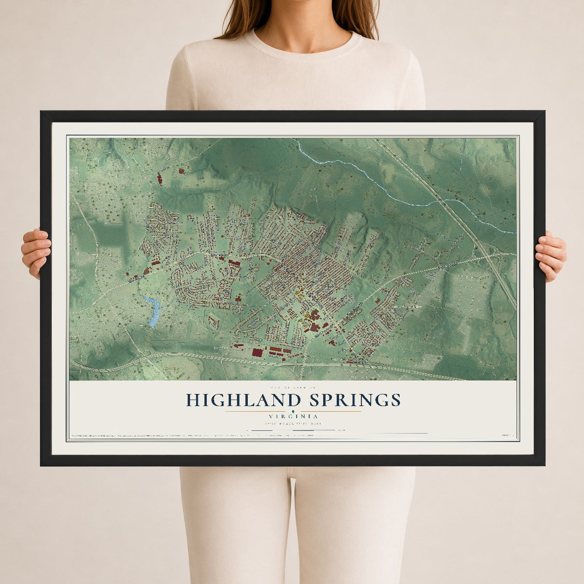 Map of Highland Springs, Virginia, 24 x 36 inch print in a black wood frame