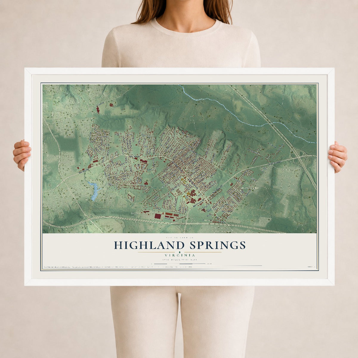 Map of Highland Springs, Virginia, 24 x 36 inch print in a white wood frame