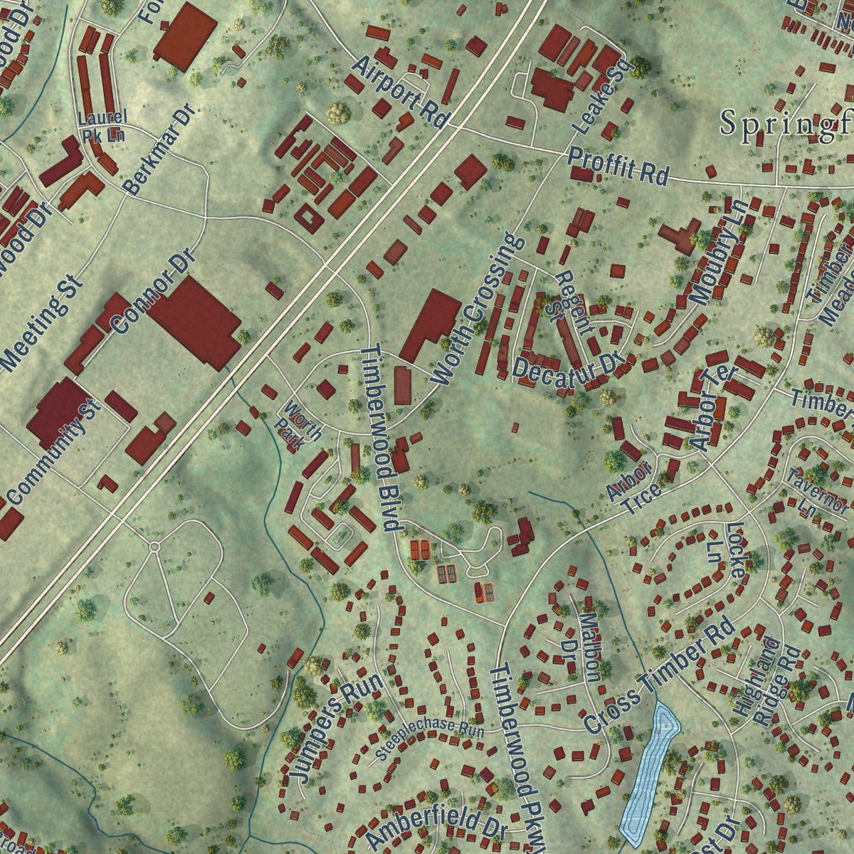 Close-up of the map of Hollymead, Virginia print showing street and building detail