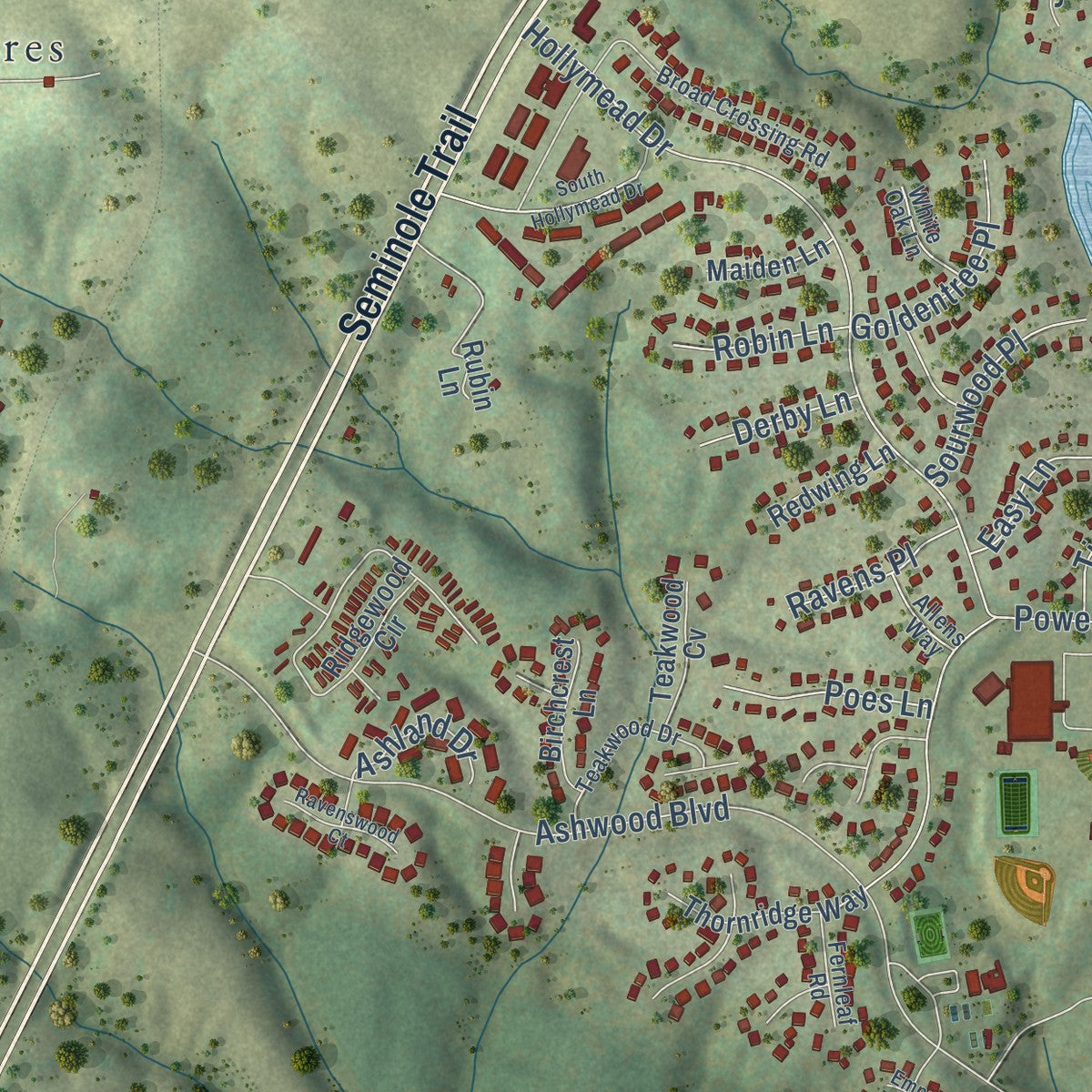 Second close-up of the map of Hollymead, Virginia print showing more streets and buildings