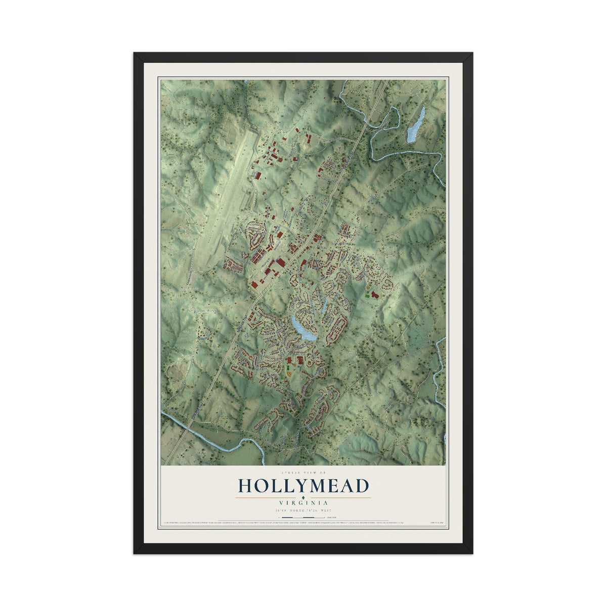 Map of Hollymead, Virginia, 12 x 18 inch print in a black wood frame