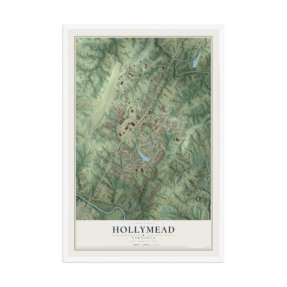 Map of Hollymead, Virginia, 12 x 18 inch print in a white wood frame