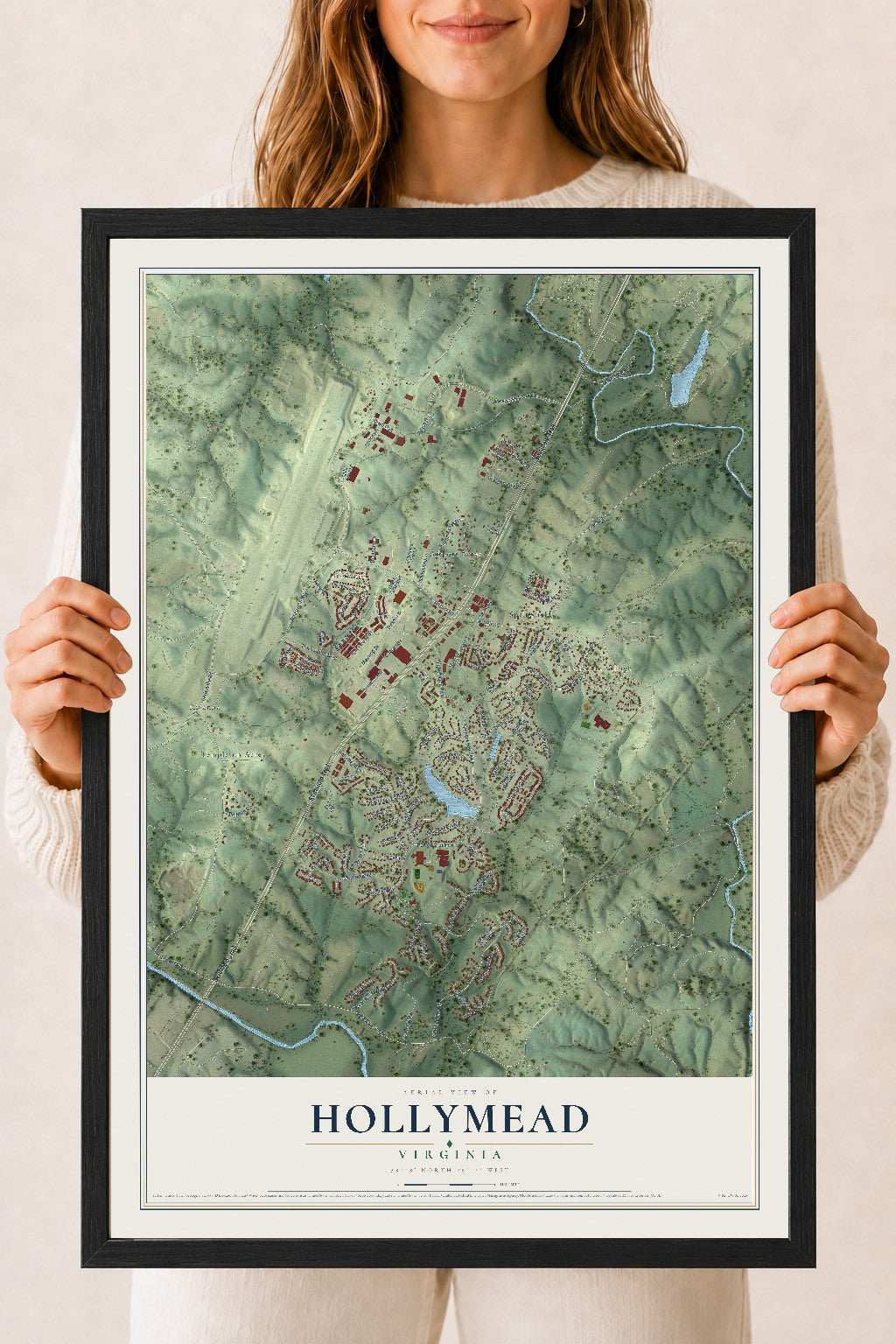 Map of Hollymead, Virginia, 18 x 24 inch print in a black wood frame