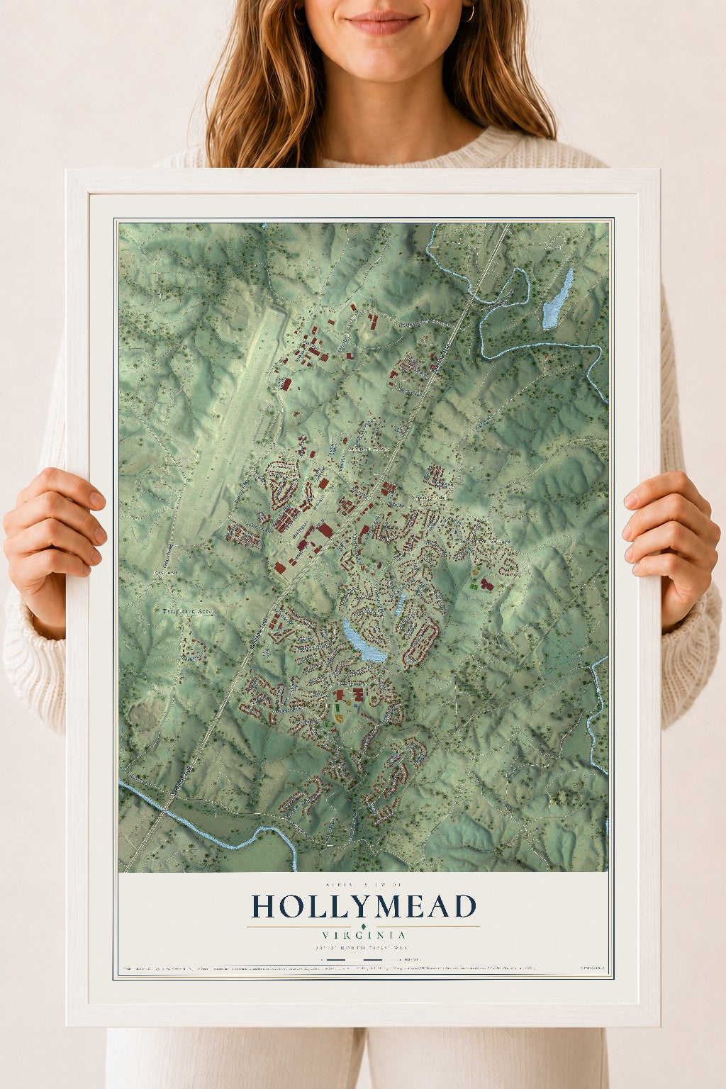 Map of Hollymead, Virginia, 18 x 24 inch print in a white wood frame